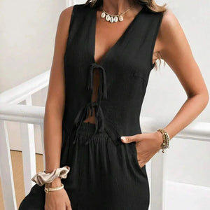 V Neck Sleeveless Top and Pants Set Trendsi
