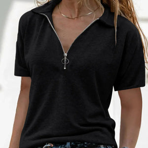 Zip Collar Short Sleeve Top Trendsi